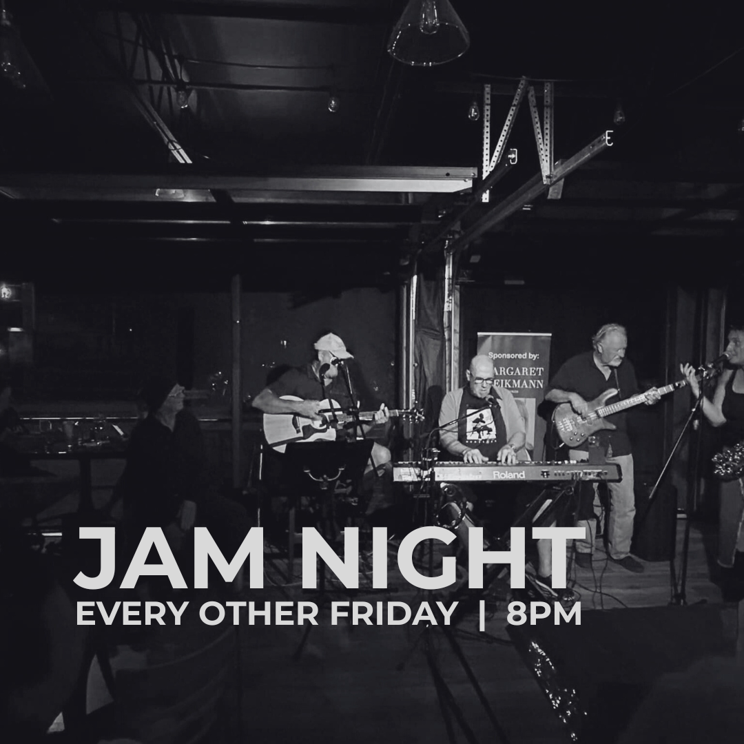 Black and white photo of a band performing on stage with instruments including a guitar and keyboard. Text in the image reads 'Jam Night Every Other Friday | 8PM.'