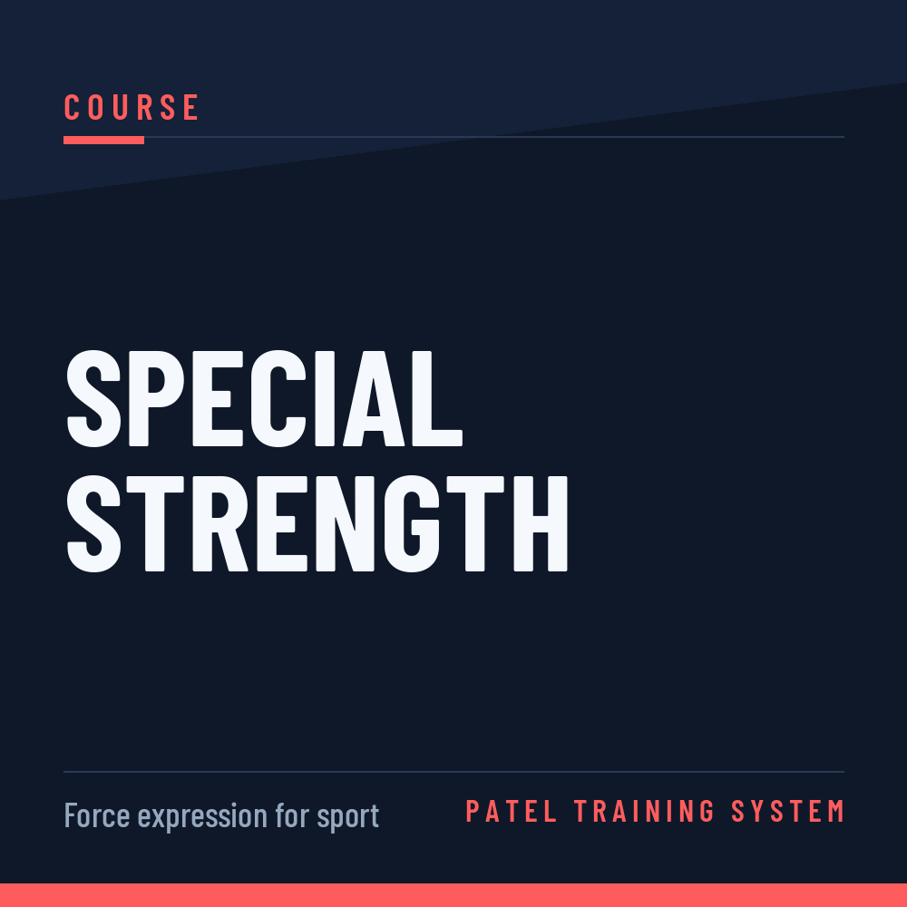 Cover page of a training system booklet titled 'Special Strength' by Patel Training System, with headings 'Course' and 'Force expression for sport'.