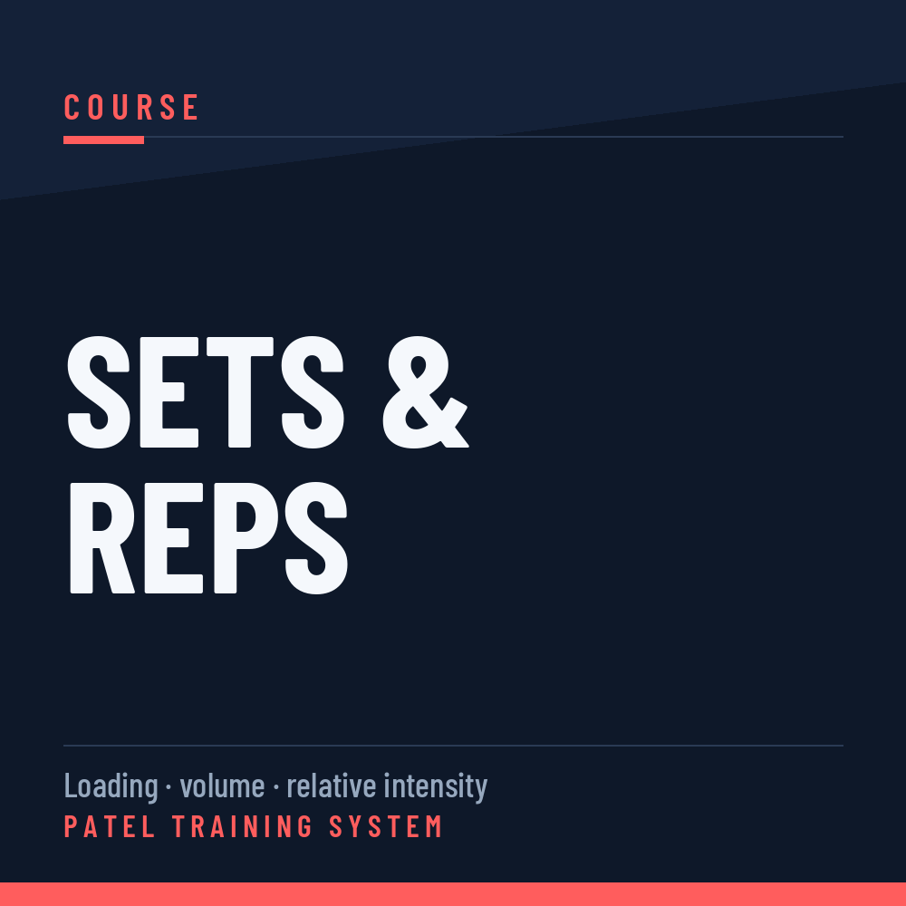 Course cover about sets and reps for training, with the title "Sets & Reps" and subtitle "Loading, volume, relative intensity" by Patel Training System.