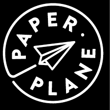 Logo with a paper airplane and the words Paper Plane arranged in a circle.