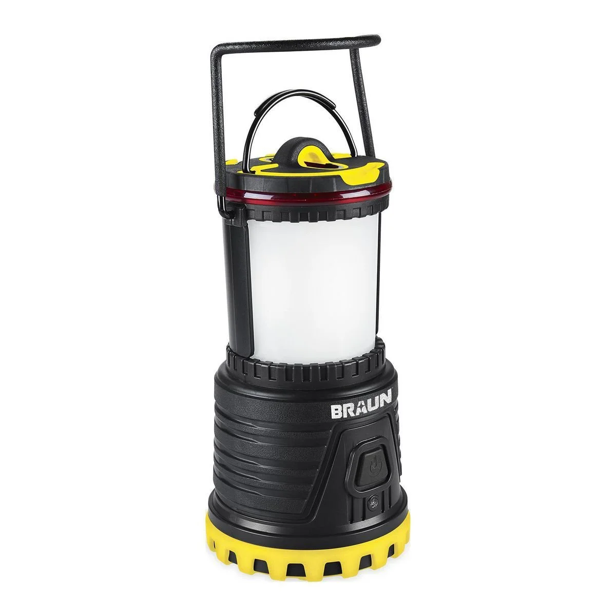 A portable LED lantern with black, yellow, and red accents, branded 'BRÄUN', designed for camping or outdoor use.