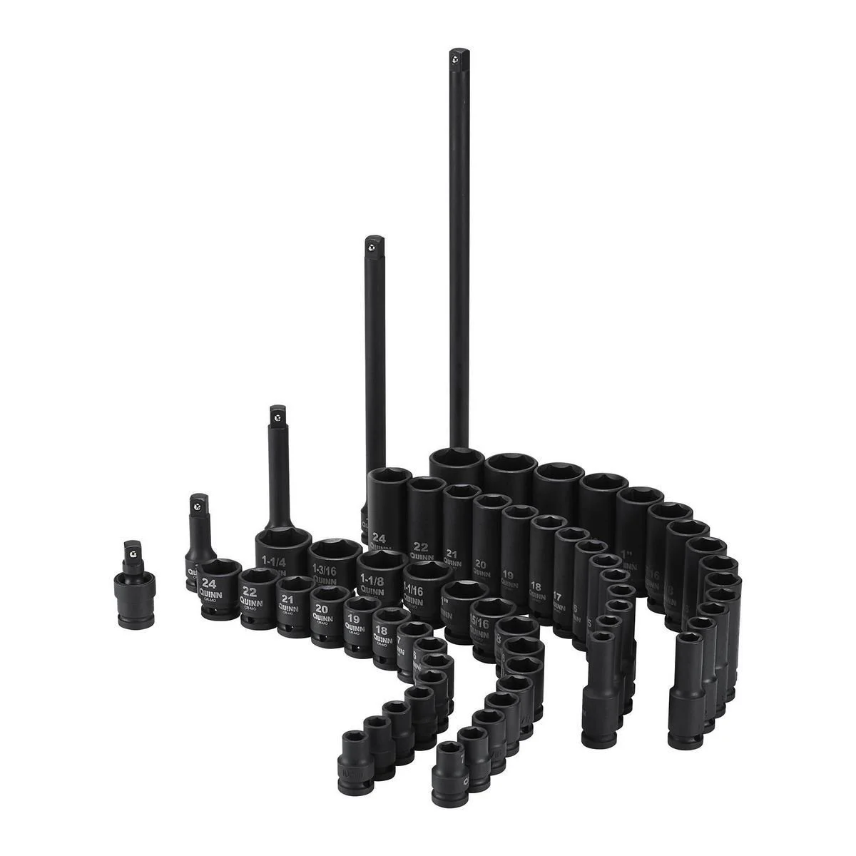 Set of black socket wrenches and extensions of various sizes arranged in a semi-circle.