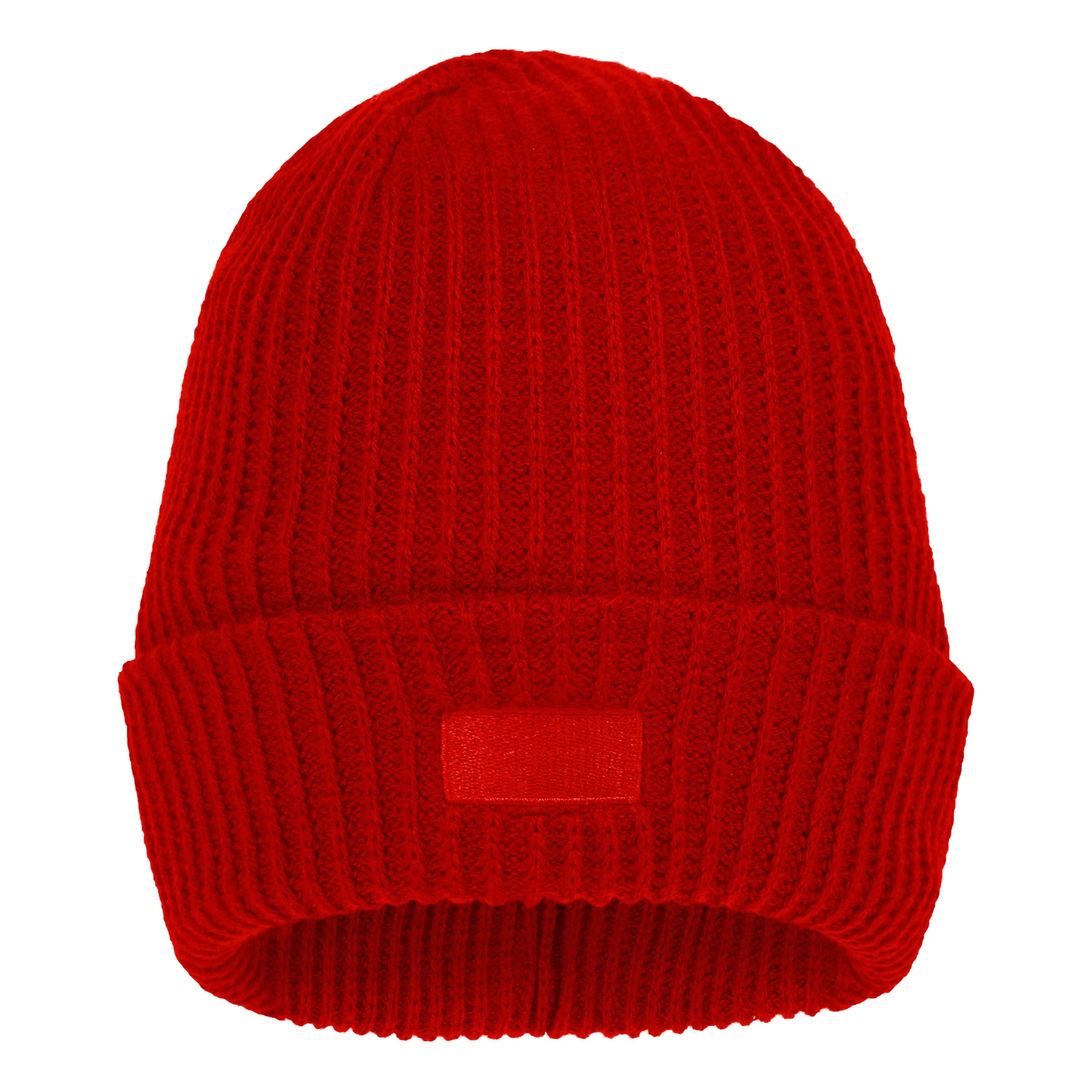 A red knit beanie hat with a small rectangular patch on the front