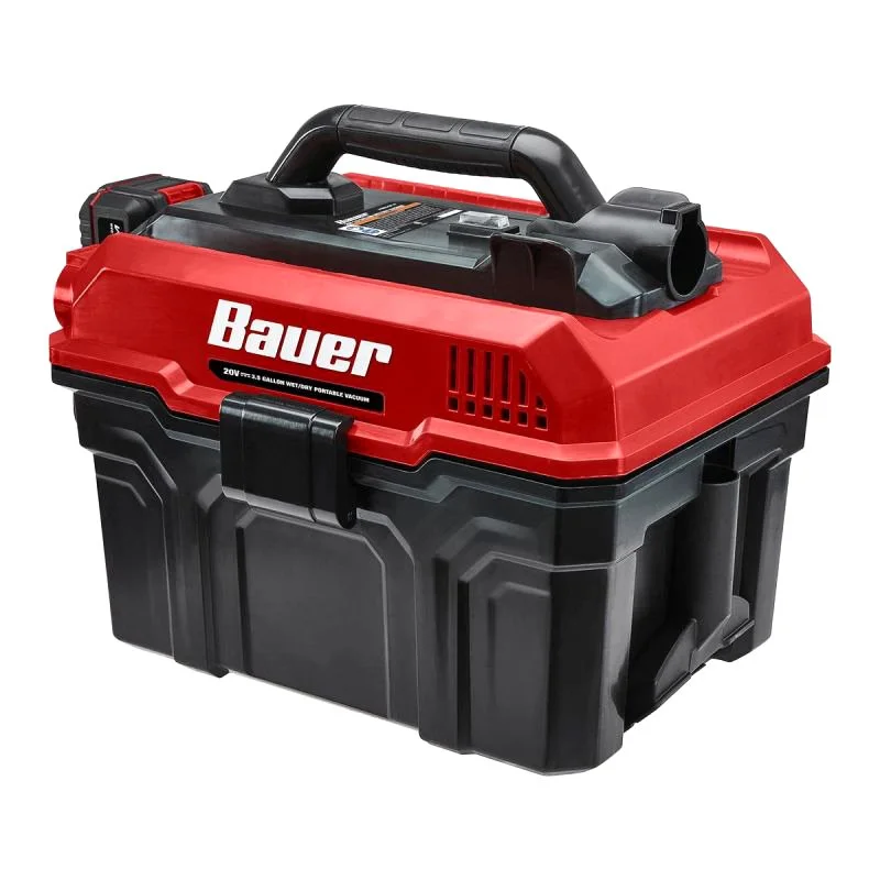 Portable Bauer vacuum cleaner with a black handle and red and black body.