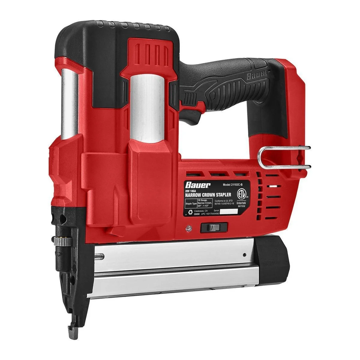 Red and black staple gun with a metal staple loaded in the front, brand name Bauer, model 21183-C-B, designed for narrow crown staples.