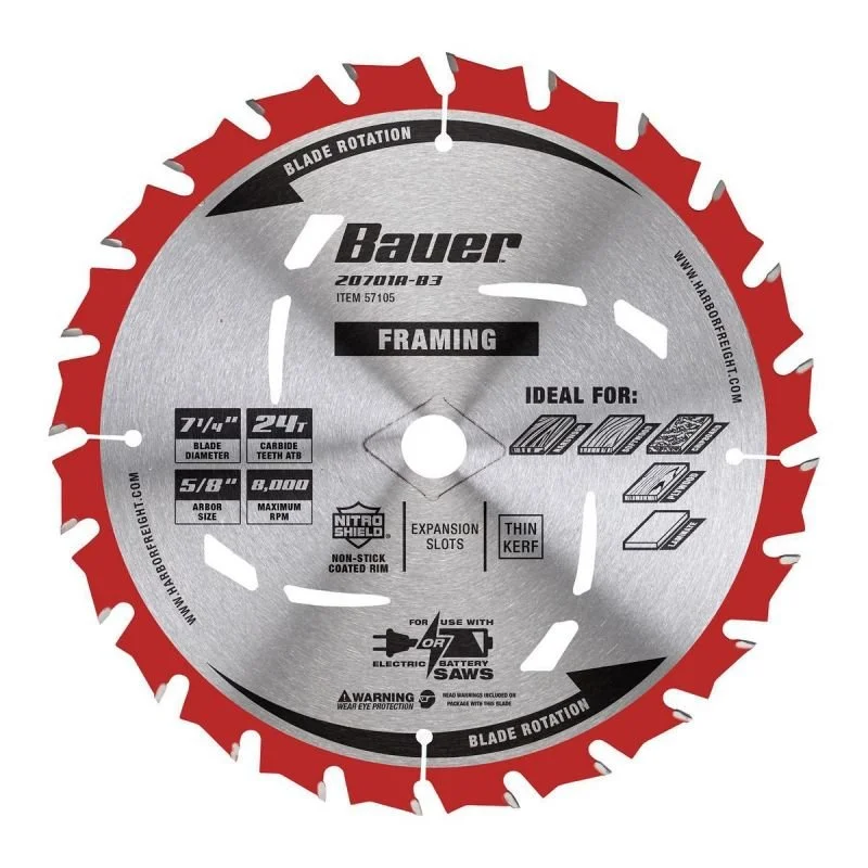 Circular saw blade with red teeth and a silver center, labeled as a Bauer framing saw blade, with specifications including 7 1/4 inch diameter, 24 teeth, 5/8 inch arbor size, 8,000 RPM maximum, and features like nitr shield and expansion slots.