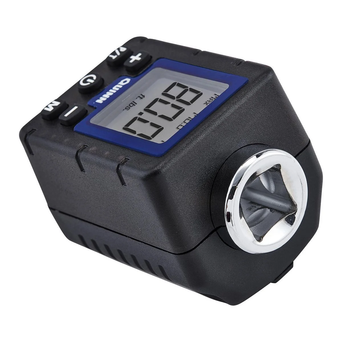 Digital timer with black body, blue trim around screen, and a white dial on the side, displaying 8:55.