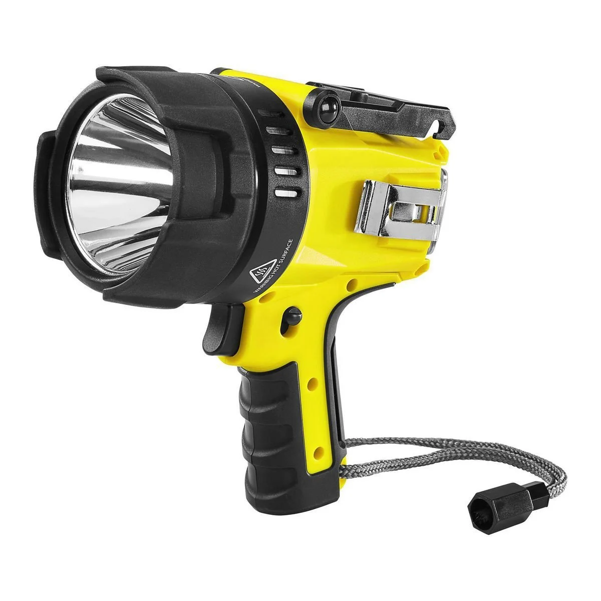 A yellow and black flashlight with a large reflective lens and a handle, connected to a power cord.