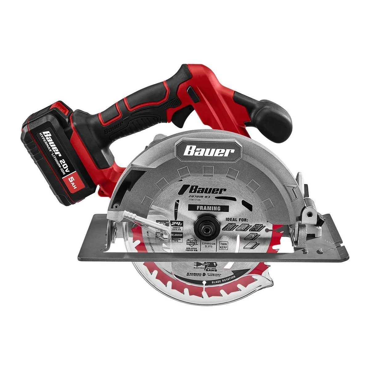 A Bauer cordless circular saw with a silver blade and a red and black handle.