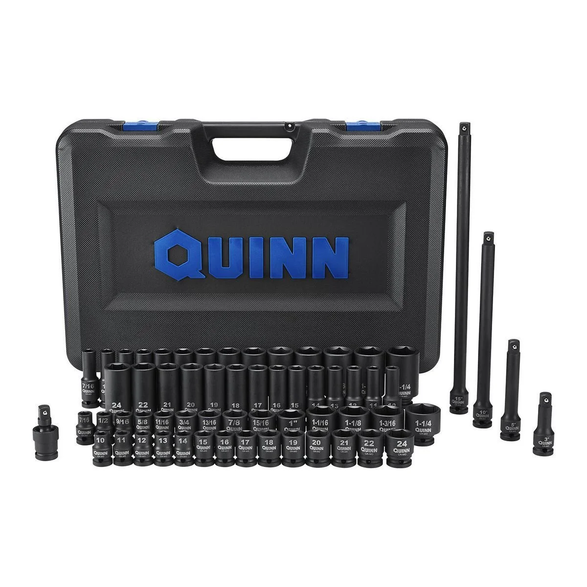 Set of black socket wrenches and extensions with a black carrying case labeled 'QUINN' in blue, arranged in front of the case.