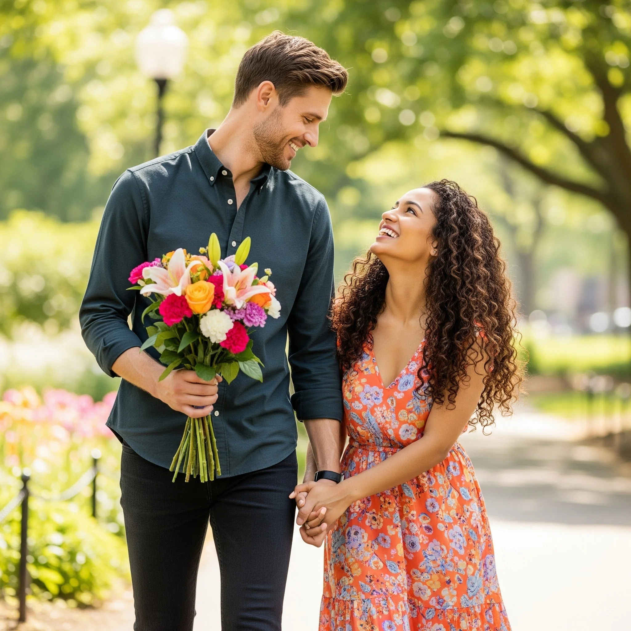 A man presenting a woman with a bouquet of colorful flowers in a park. They are smiling and looking at each other, with trees and a lamp post in the background.