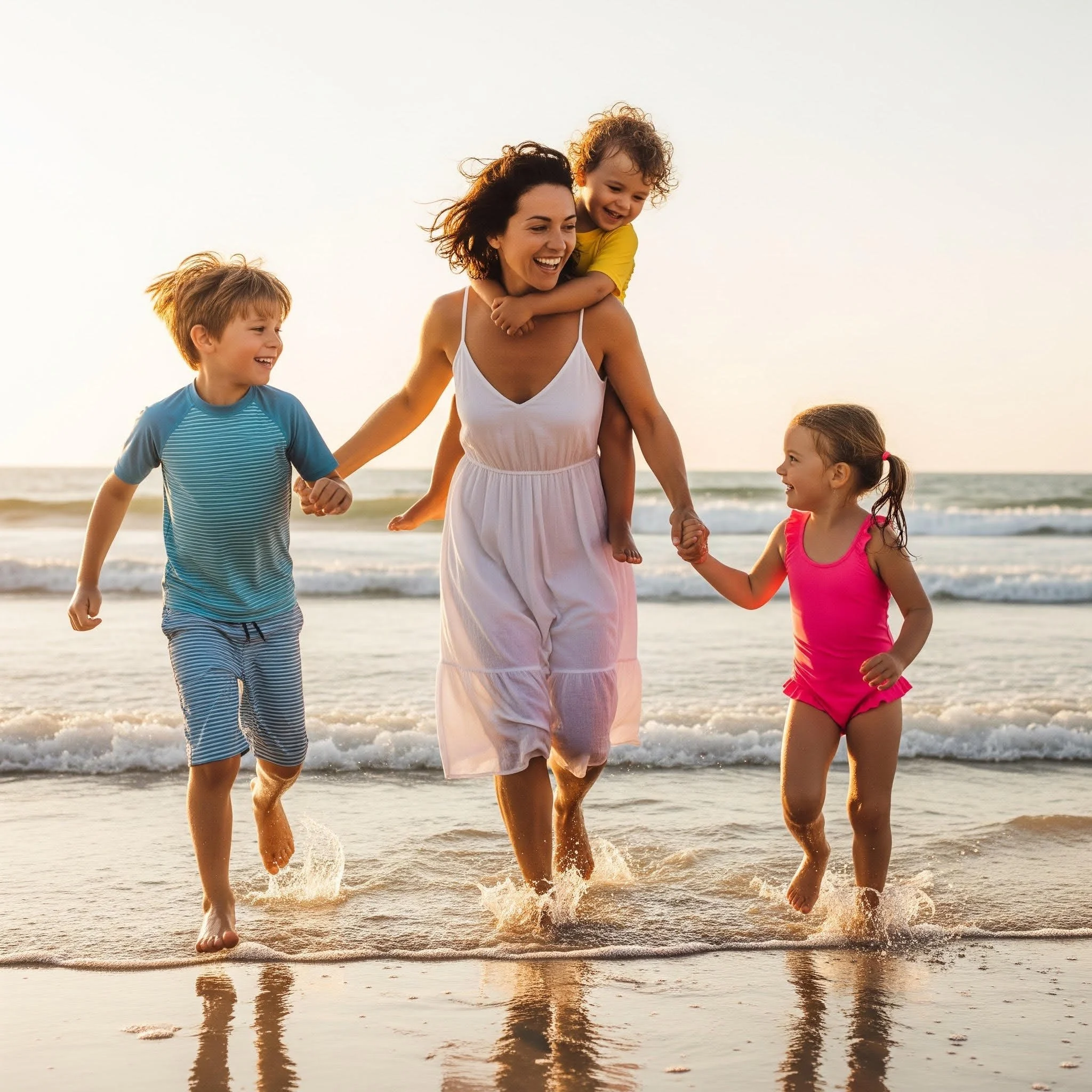 A smiling woman with curly hair in a white dress playing with children on the beach at sunset.