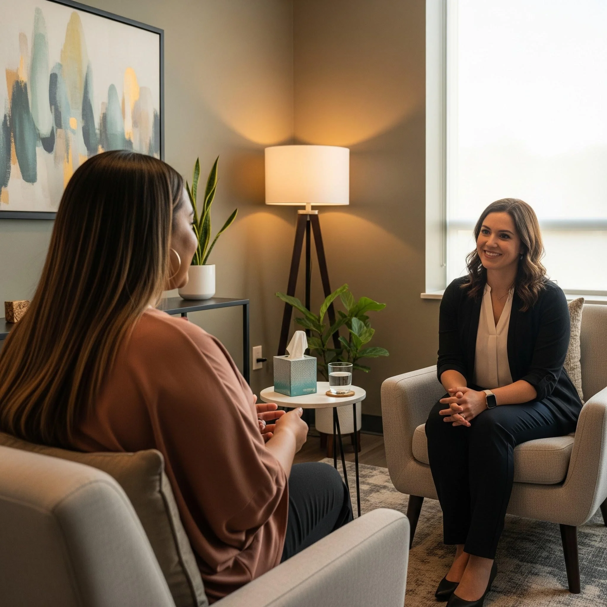 Two women sitting and talking in a living room, with a side table, a potted plant, artwork on the wall, and a standing lamp. One woman is in profile, the other is smiling.