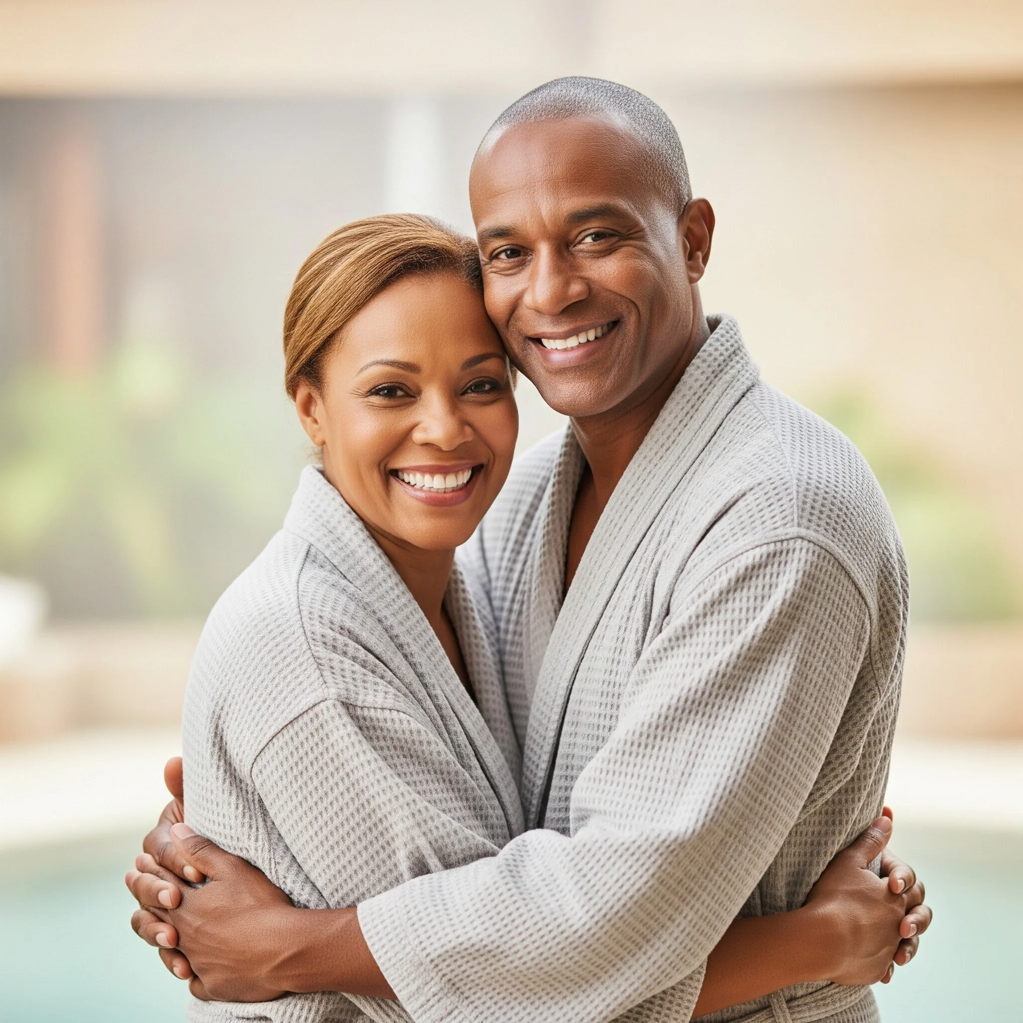 Close-up of a smiling couple hugging, with the woman having medium skin tone and brown hair, and the man having dark skin tone and a shaved head, in a bright indoor space.