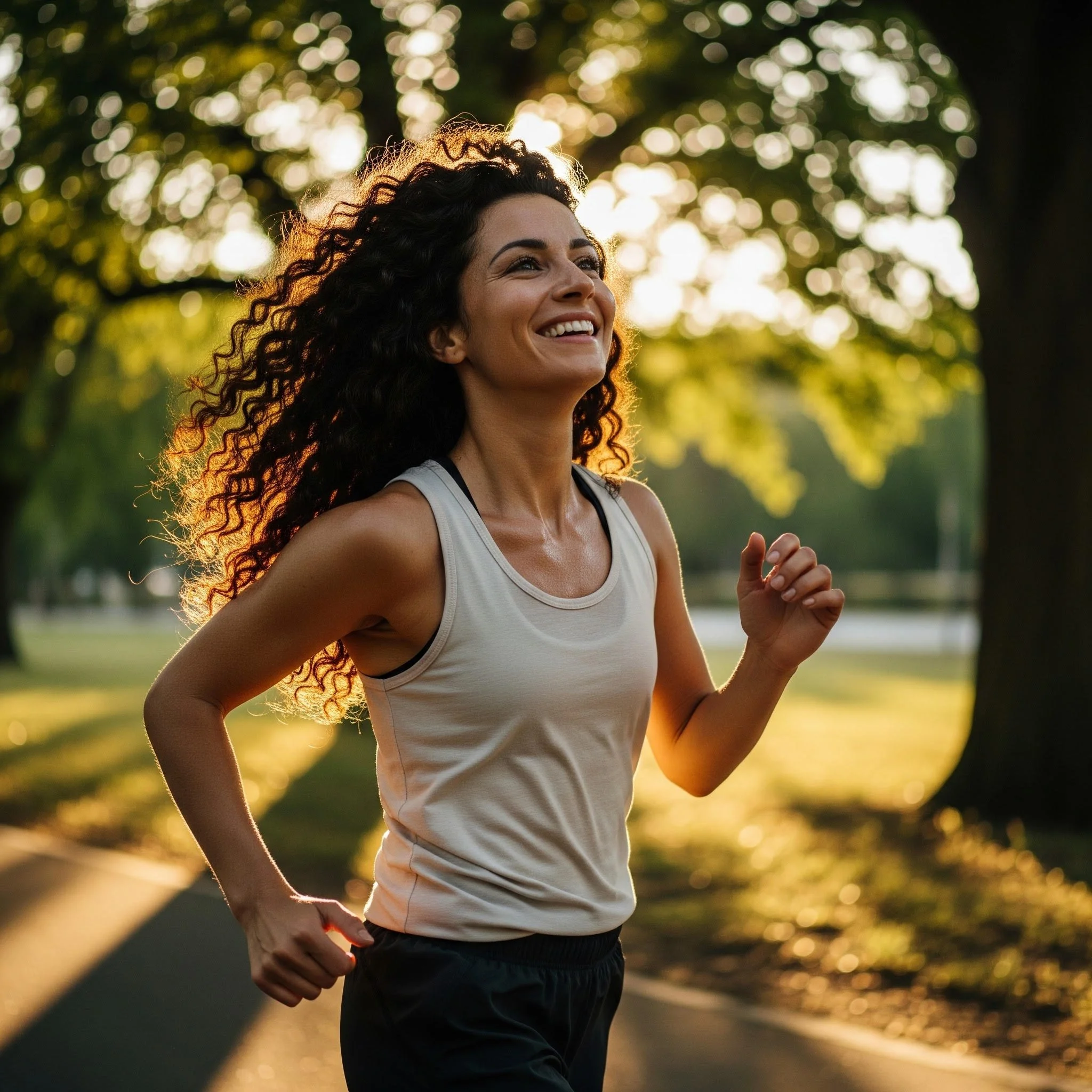 A woman jogging outdoors during sunset, smiling and holding hands with someone, with trees and sunlight creating a warm bokeh background.