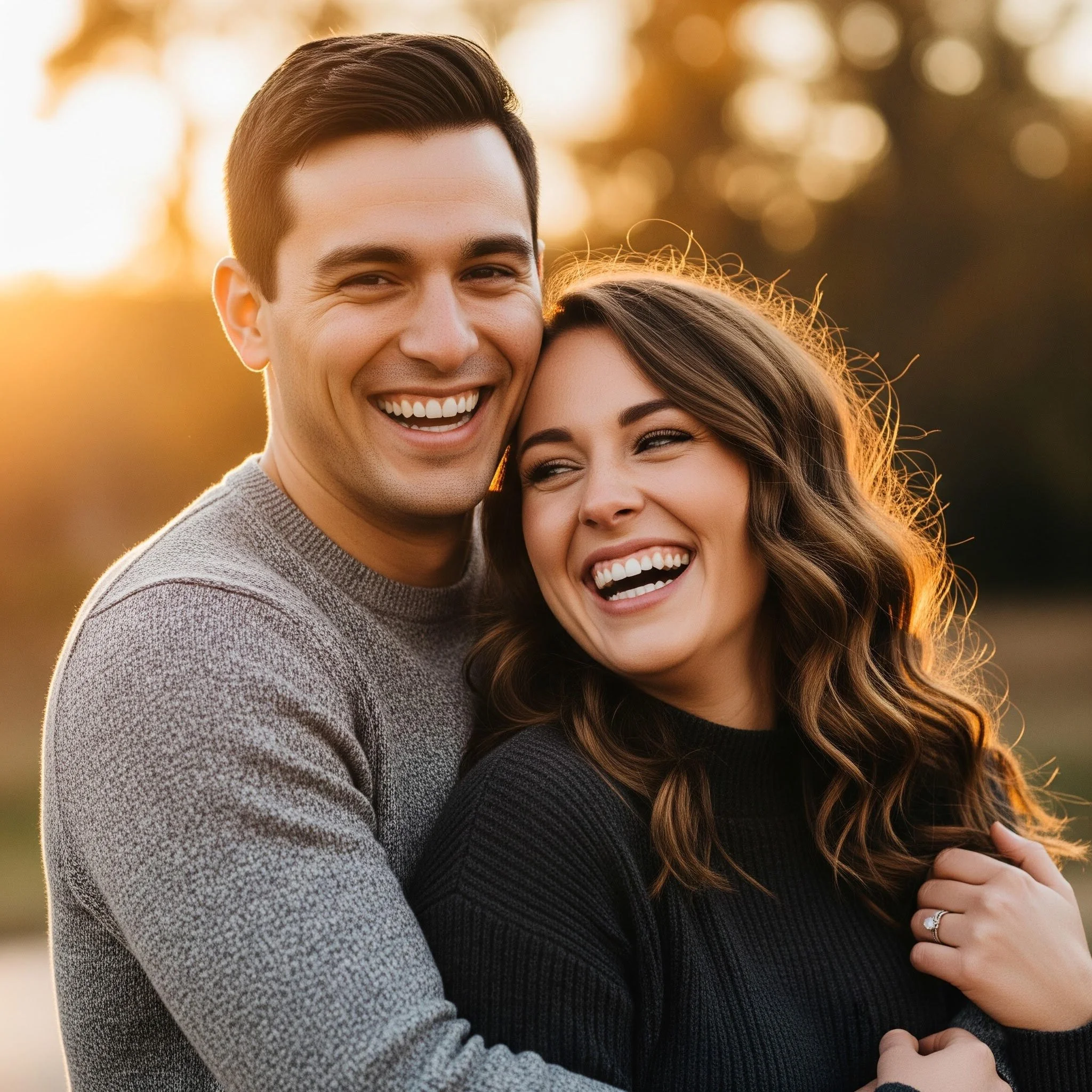 Close-up of a smiling man and woman embracing outdoors during sunset, with warm backlighting and blurred trees in the background.