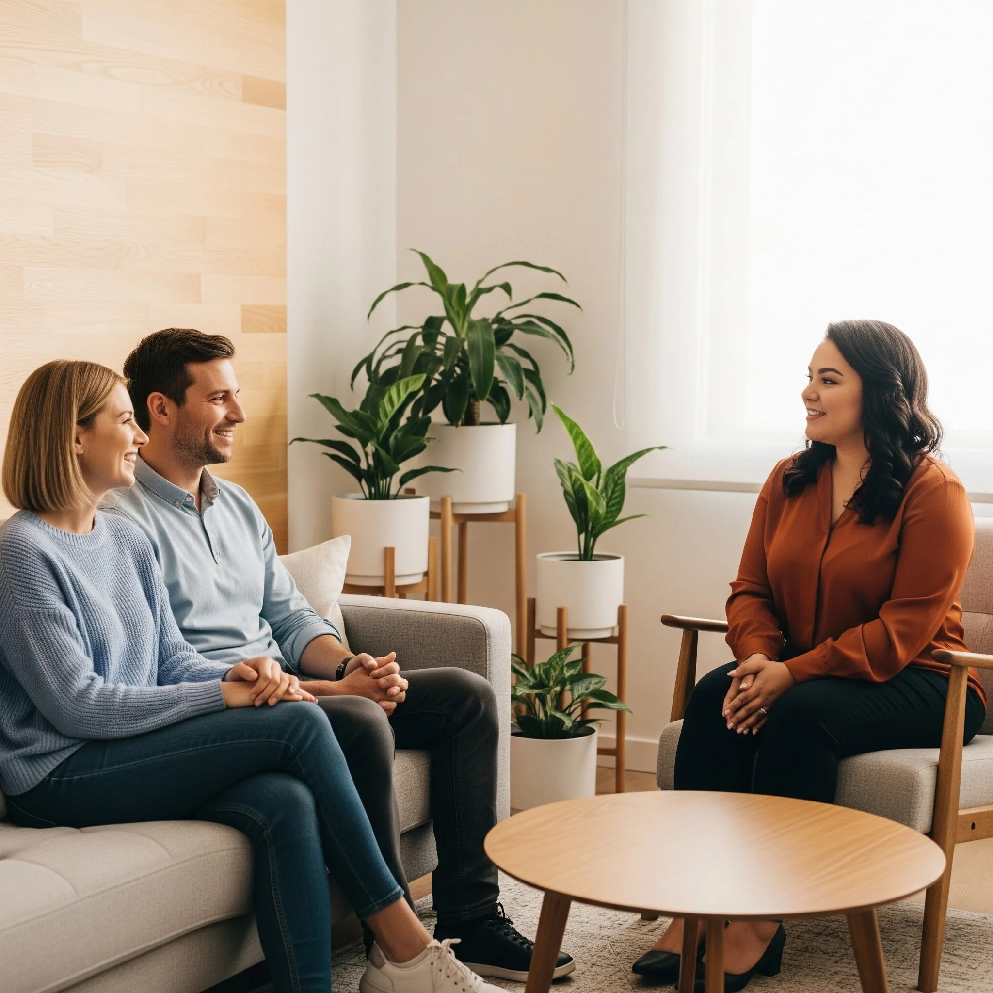 Group of young adults sitting and talking in a cozy, well-lit room with wooden accents and green plants.