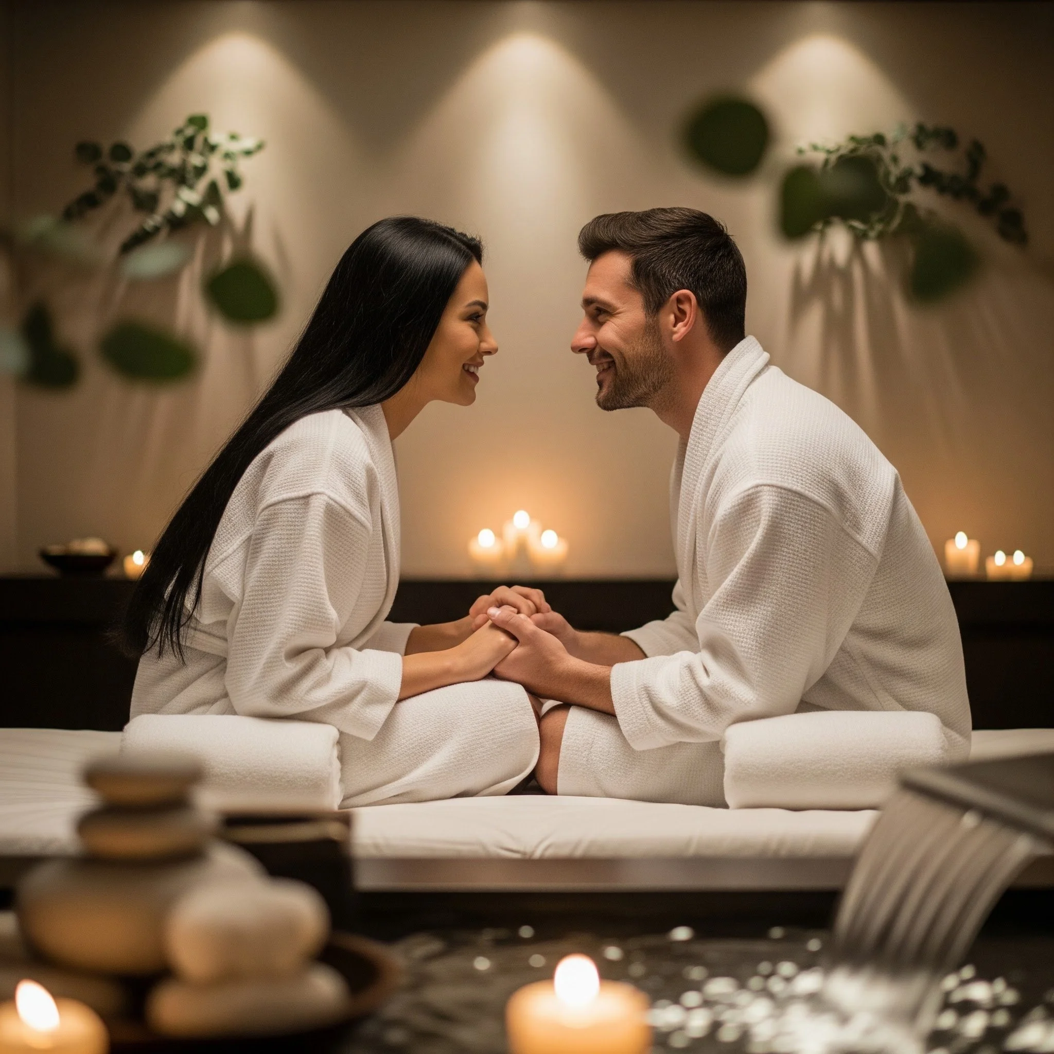 A couple dressed in white robes face each other smiling in a dimly lit room with candles and decorative plants in the background.