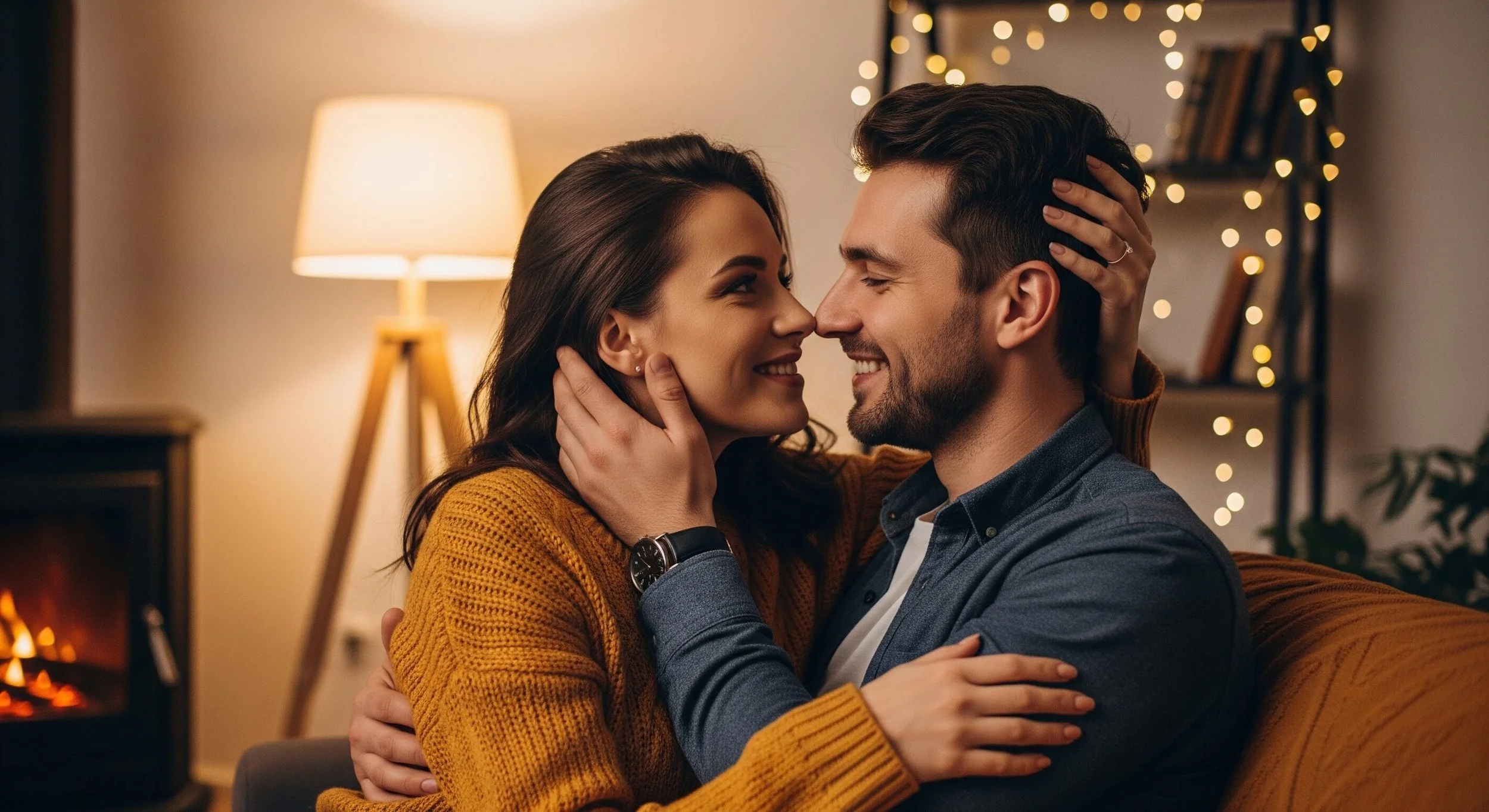 A couple sitting close together indoors, smiling and touching faces, with warm lighting and string lights in the background.