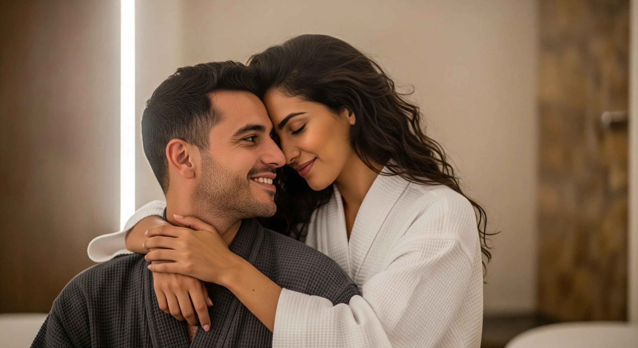 A man and woman are embracing each other with their foreheads touching and eyes closed, both smiling softly.