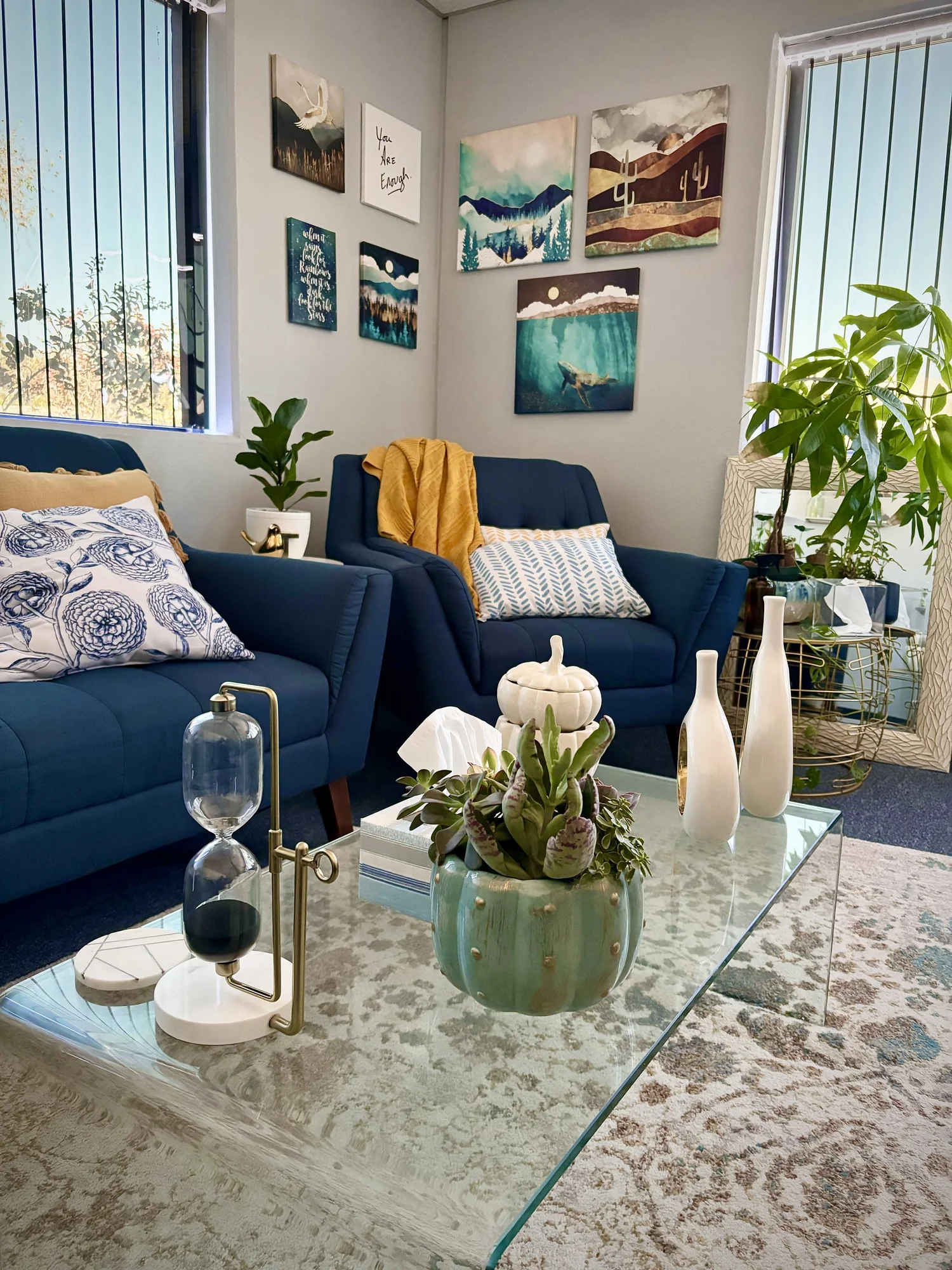 The therapy office interior with comfortable seating