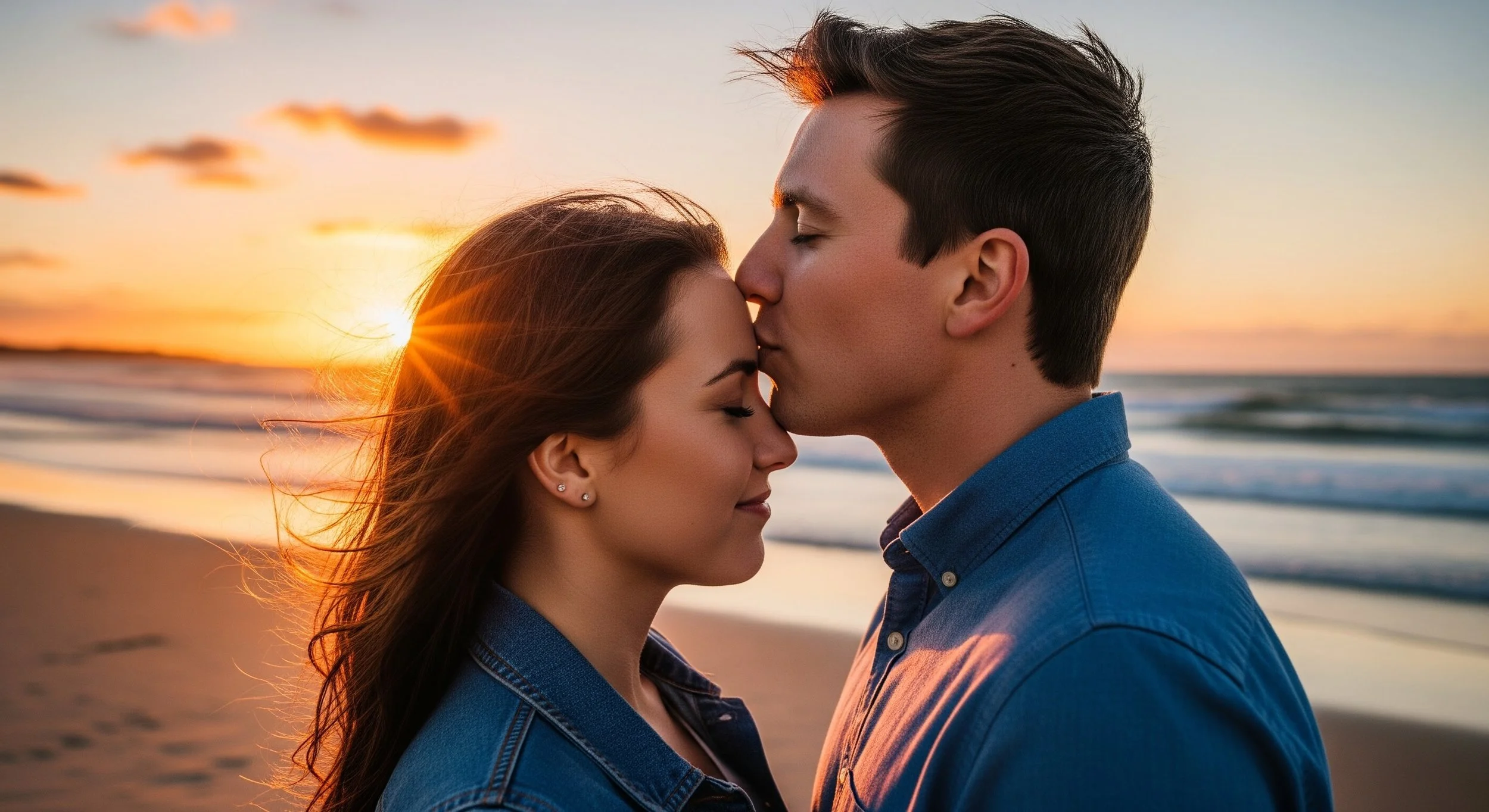 A man and woman kissing on the beach at sunset, with the sun setting over the ocean in the background.