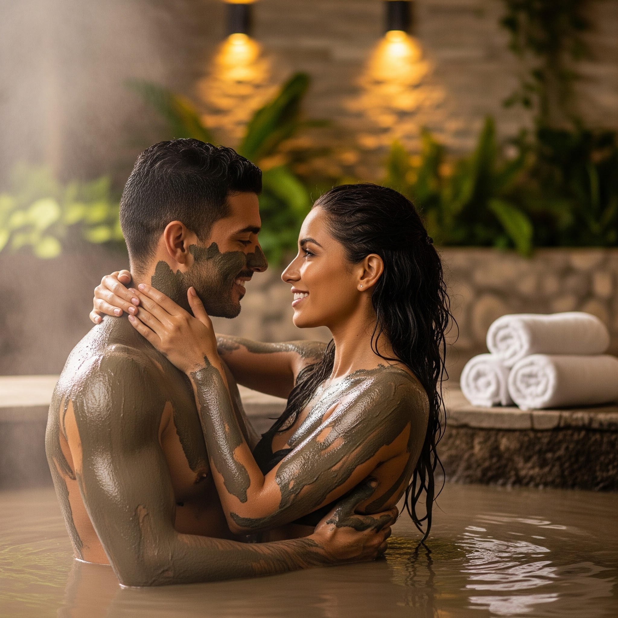 A man and woman with dark hair embrace in a hot tub, face close together, smiling, with a warm indoor lighting and greenery in the background.