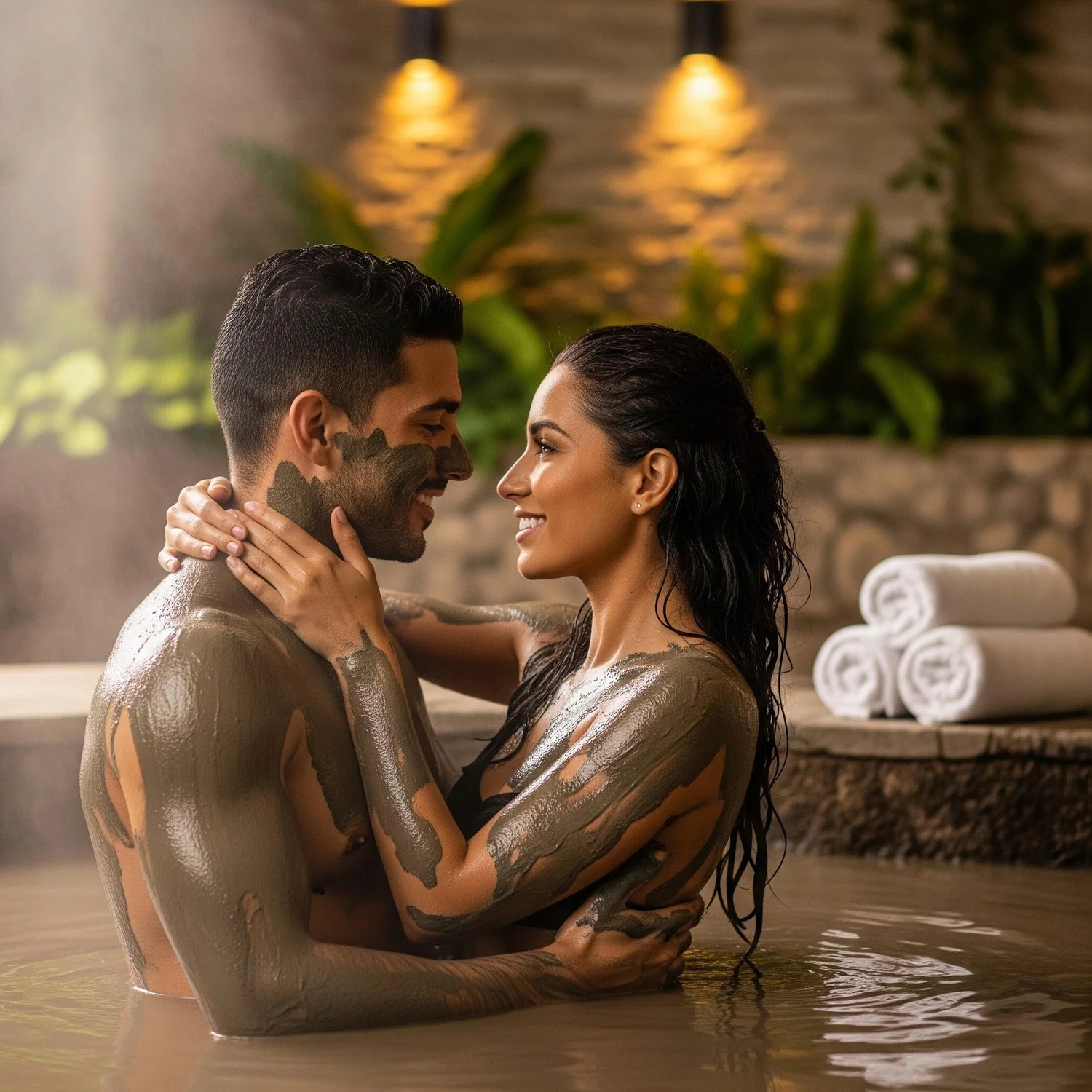 Couple relaxing in the geothermal springs at the retreat