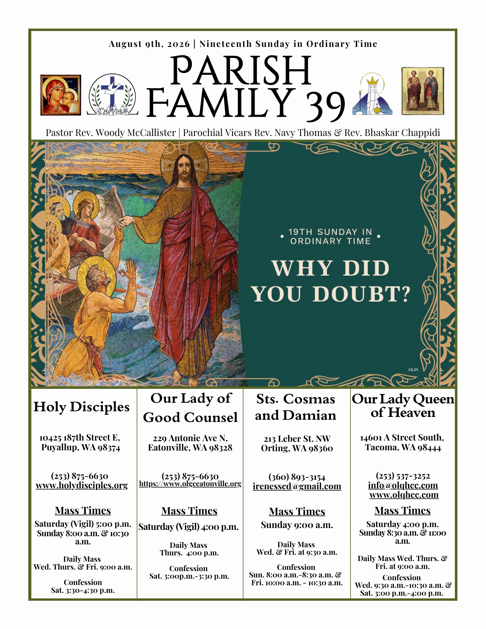 August 9, 2026- Nineteenth Sunday in Ordinary Time 