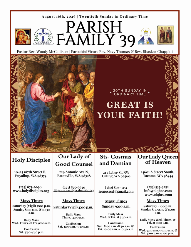 August 16, 2026- Twentieth Sunday in Ordinary Time