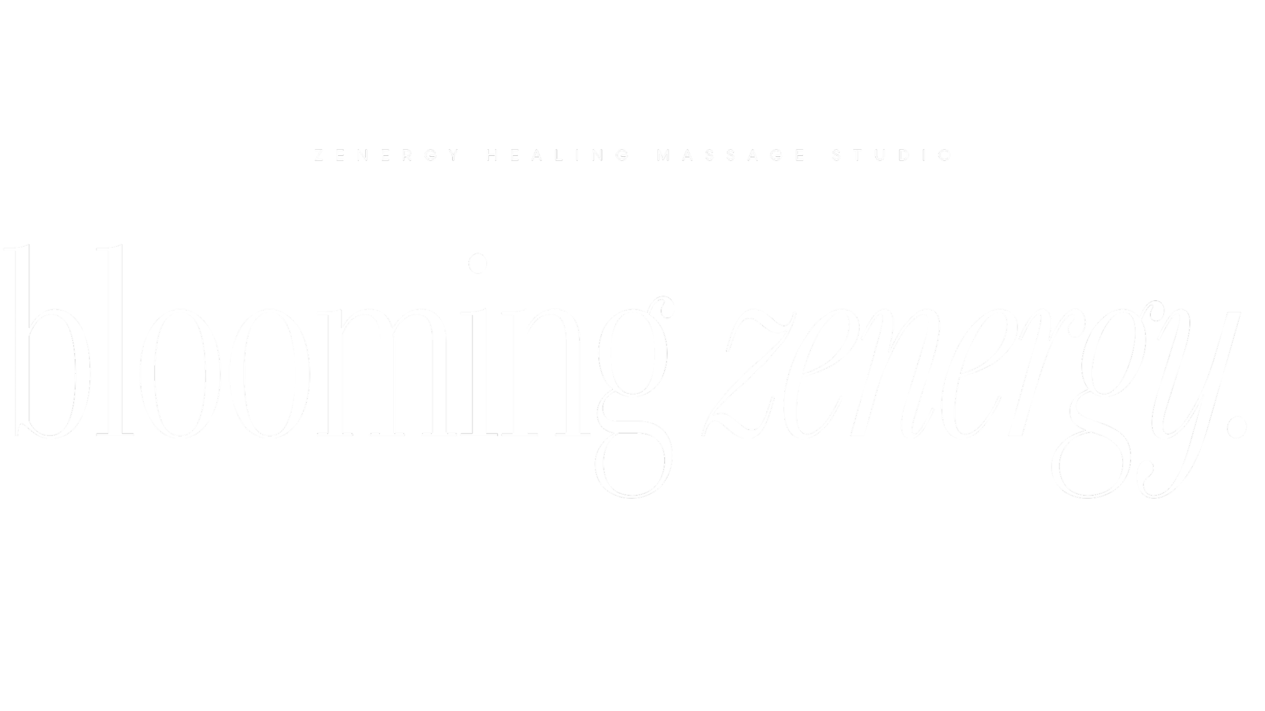 Black background with white text that reads "blomingZenergy" and smaller text above that says "Zenergy Healing Massage Studio".