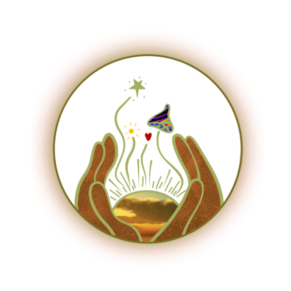 Two hands forming a circle around a sunset with clouds, a butterfly, and abstract shapes inside.