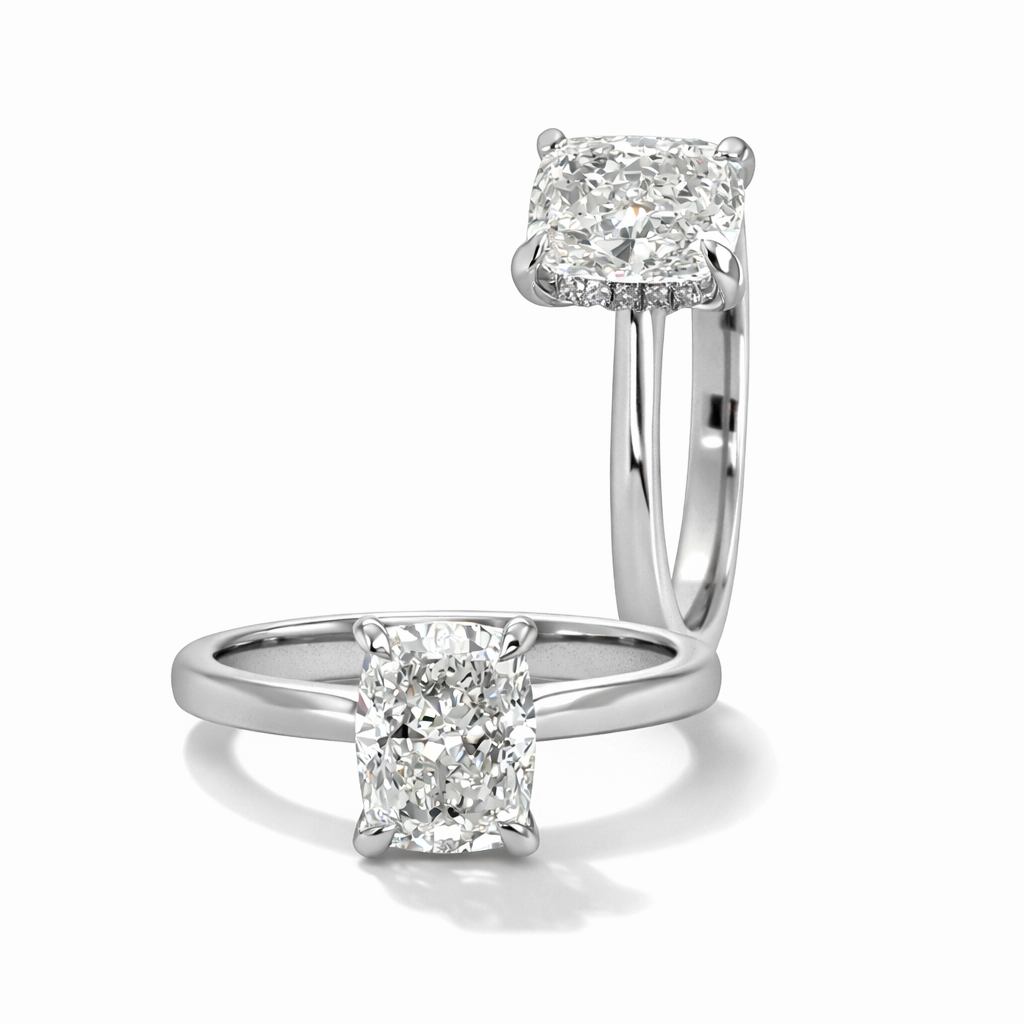 Elongated cushion cut natural diamond engagement ring. Solitaire design style crafted in platinum, made in Australia. Sydney based jeweller specialising in high end bespoke handcrafted jewellery.