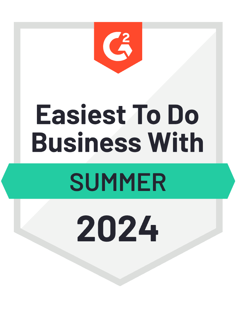 Badge with G2 logo and text 'Easiest To Do Business With Summer 2024' in org charts, salesforce appexchange, and customer revenue optimization