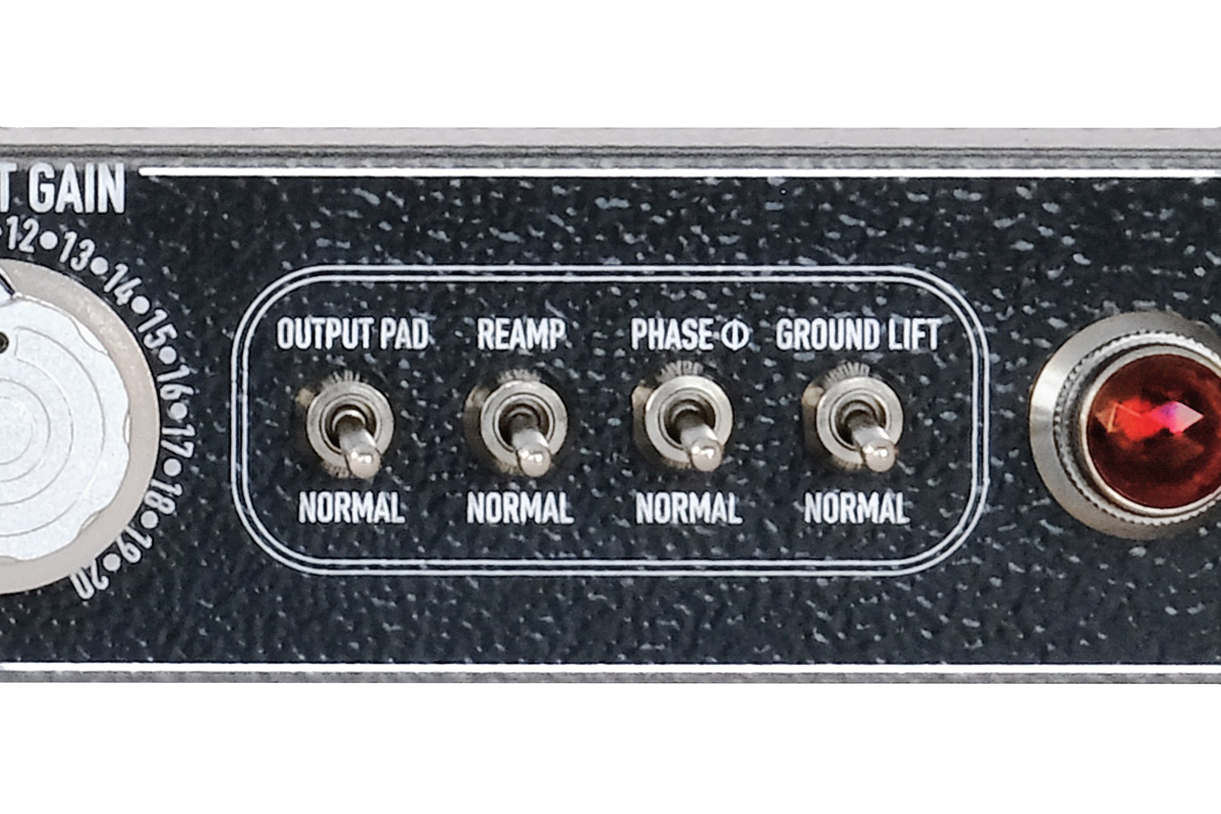 Mystery Magicians RBDI Tube Instrument Preamp and Re-Amper Direct Box Siwtch panel