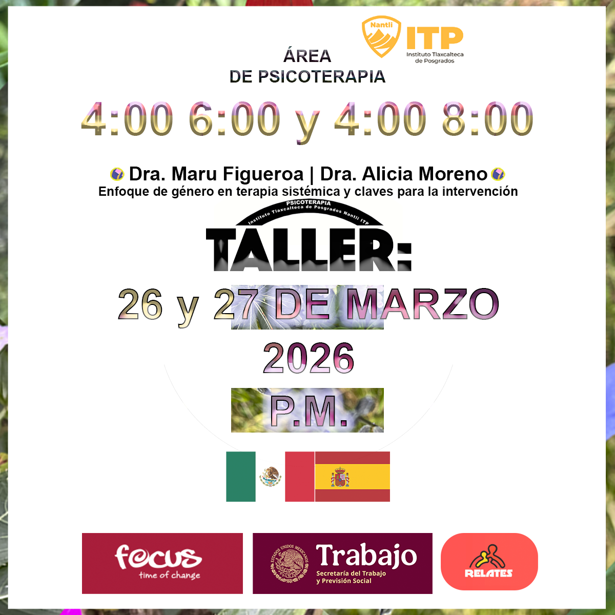 Taller y Plática: Enfoque de genero en terapia sistémica y claves para la intervención. Precio para Estudiantes Inscritos en Nantli ITP