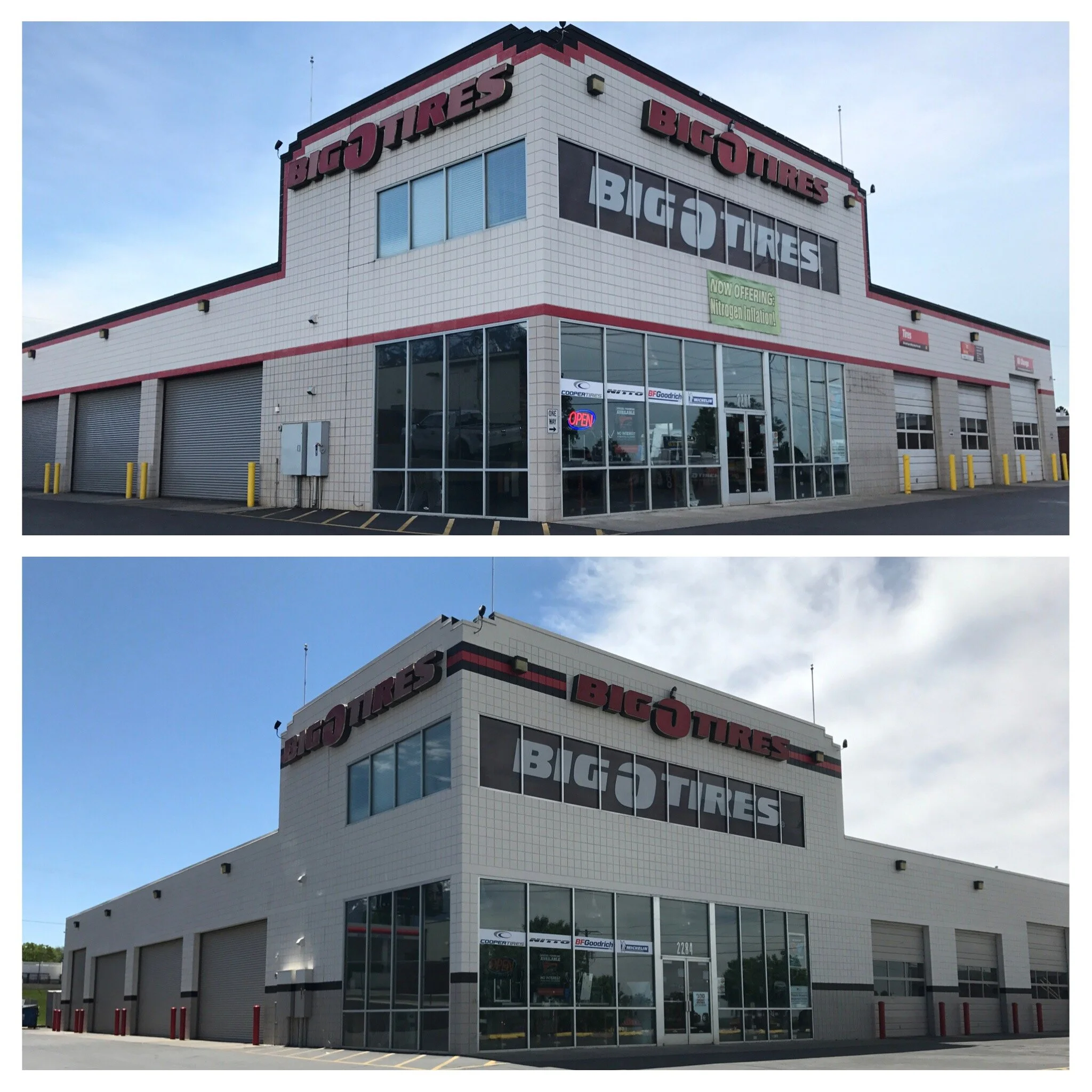 A two-story building with a white tiled exterior, red and black trim, and large windows. The signage reads 'BIG O TIRES' on the upper part of the building, with a green sign offering nitrogen inflation. There is a neon red 'OPEN' sign in the storefro