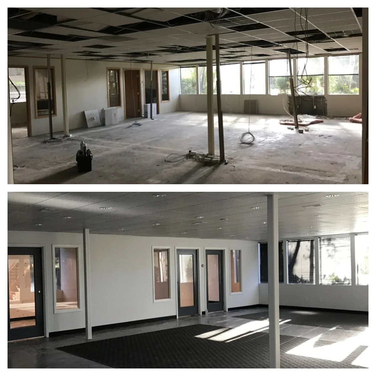 Two images showing the transformation of an office space; the first image depicts the space under construction with exposed ceilings, walls, and wiring, while the second image shows the finished office with painted walls, installed windows and doors,