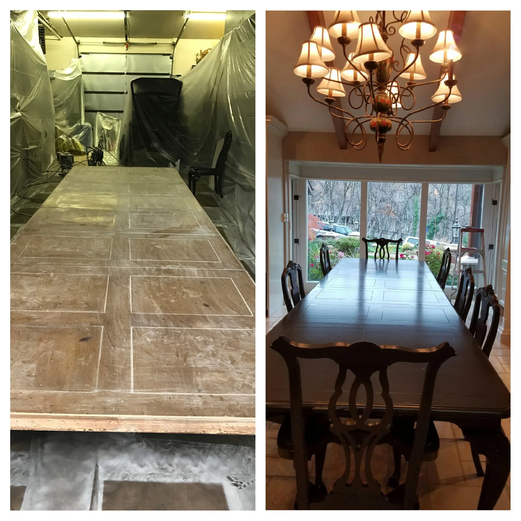Comparison of a room under construction with plastic coverings and a finished dining room with a chandelier and large window view.
