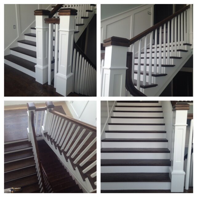 A collage of four images showcasing a modern staircase with white risers, dark brown treads, matching dark brown handrails, and white spindles in a home interior.