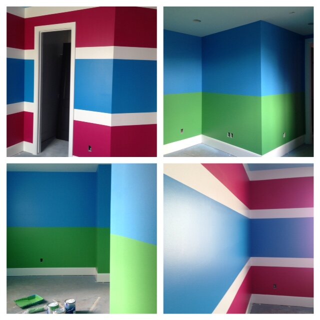 Photos of colorful painted walls with bold geometric stripes in pink, white, blue, and green in a room.