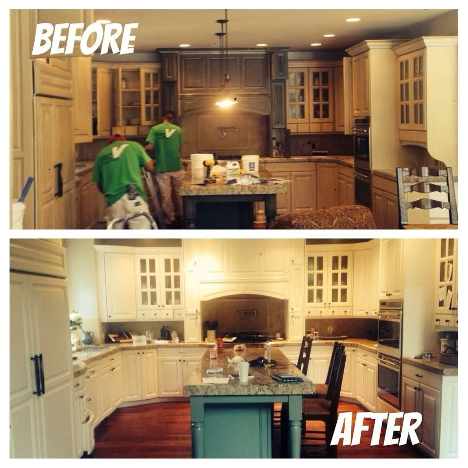 Comparison of kitchen before and after renovation. The before image shows unfinished wooden cabinets and a cluttered countertop, while the after image displays painted cabinets, a cleaned countertop, and a refined finish.