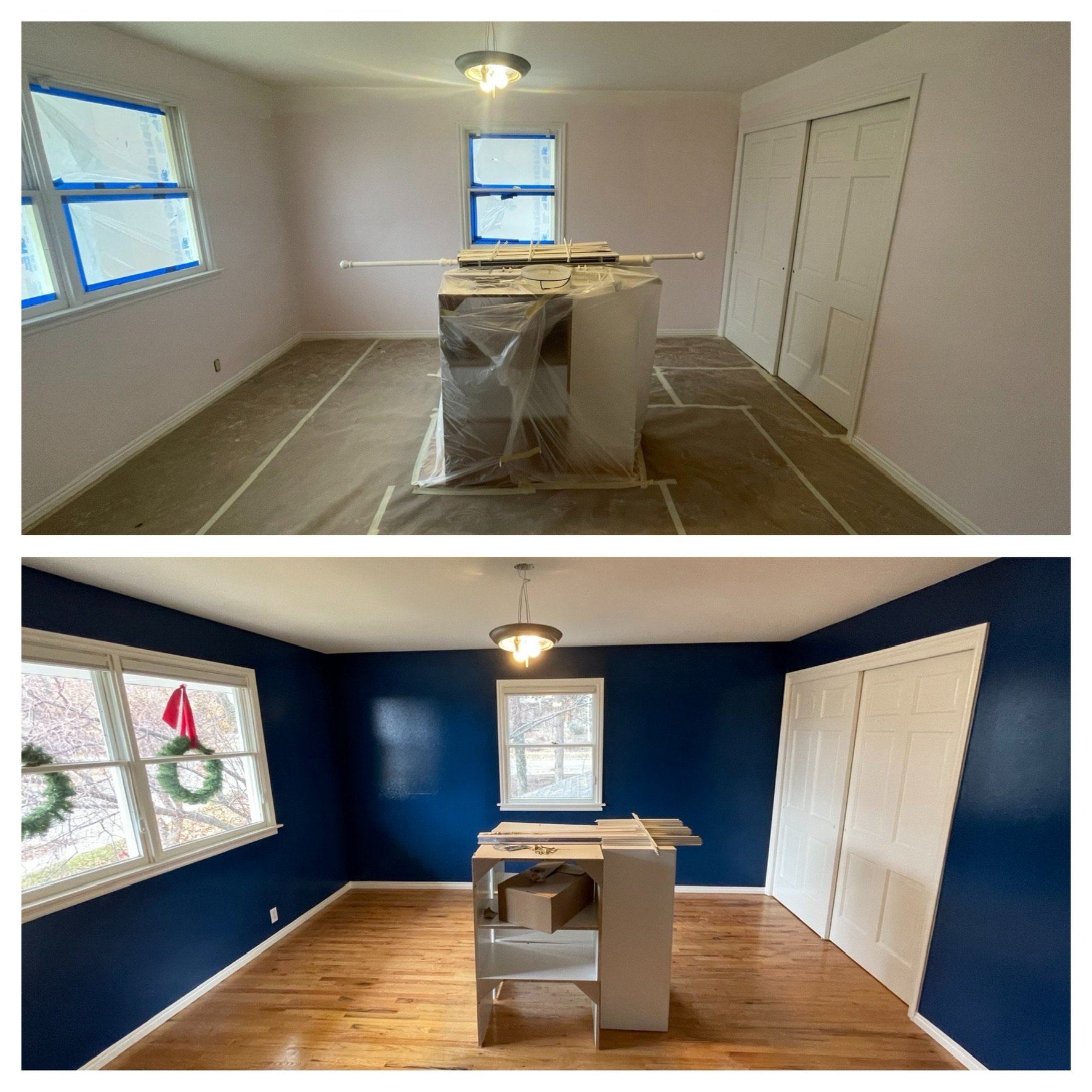 Room before and after painting, showing transformation from light pink walls to navy blue walls, with windows decorated for Christmas and construction materials in the center.