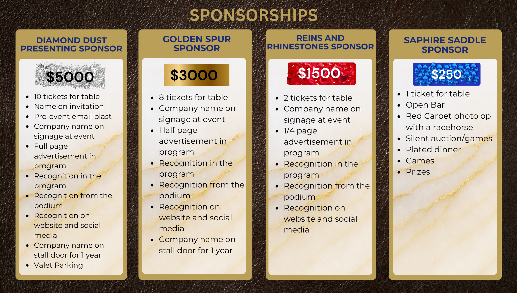 A sponsorship pricing chart with four columns, gold and brown themed background, listing sponsor levels and benefits, including Diamond Dust Presenting Sponsor at $5000, Golden Spur Sponsor at $3000, Reins and Rhinestones Sponsor at $1500, and Sapphire Saddle Sponsor at $250, with details of each sponsorship package.