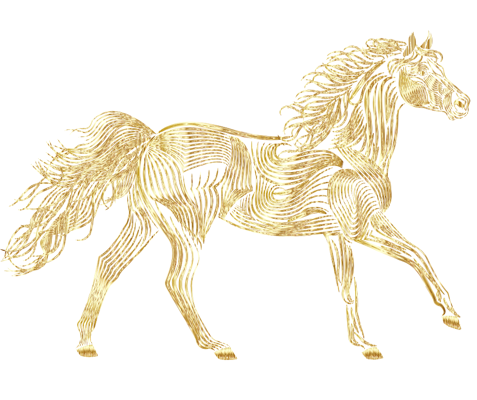 A gold metallic statue of a running horse with flowing mane and tail, set against a black background.