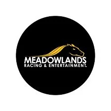 Meadowlands Racing & Entertainment logo with gold horse and white text on black background