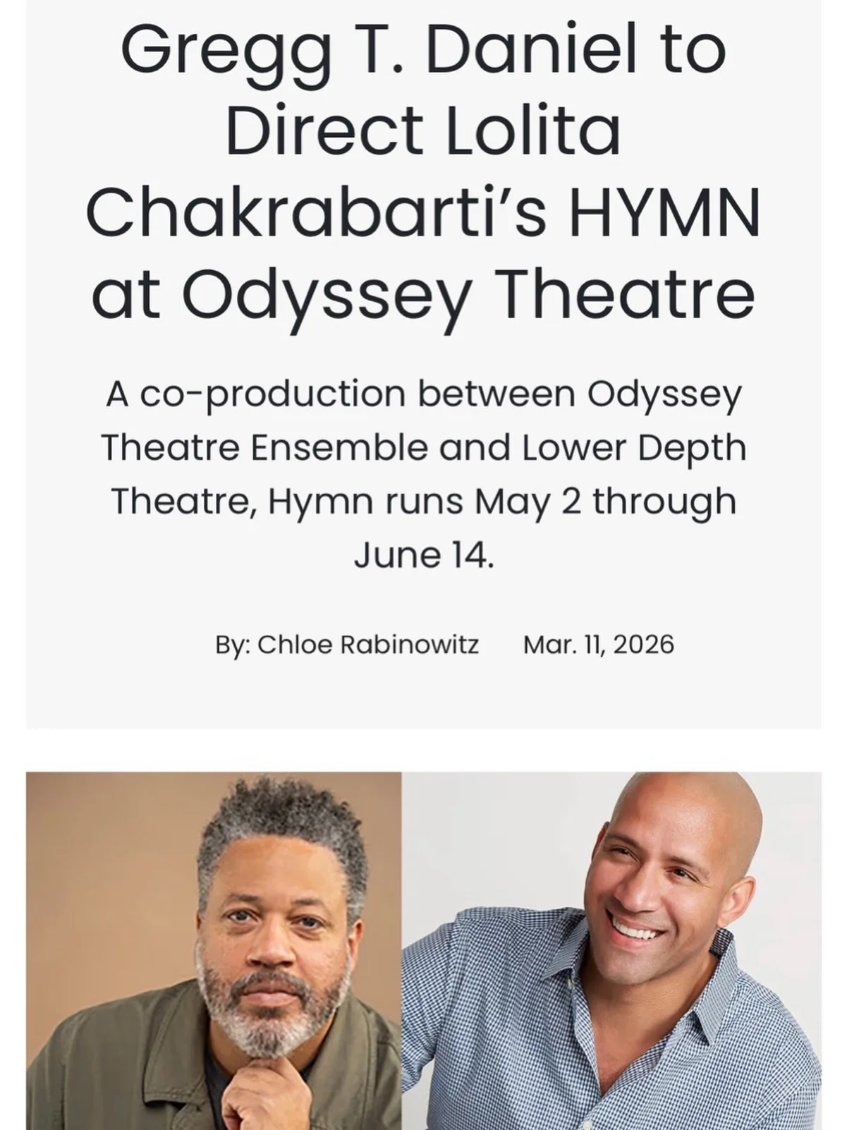 Big news. 🎭

Lower Depth Theatre is proud to partner with Odyssey Theatre in a co-production of HYMN by Lolita Chakrabarti &mdash; directed by @ldte Artistic Director, Gregg T. Daniel.

This collaboration reflects our continued commitment to bold, g