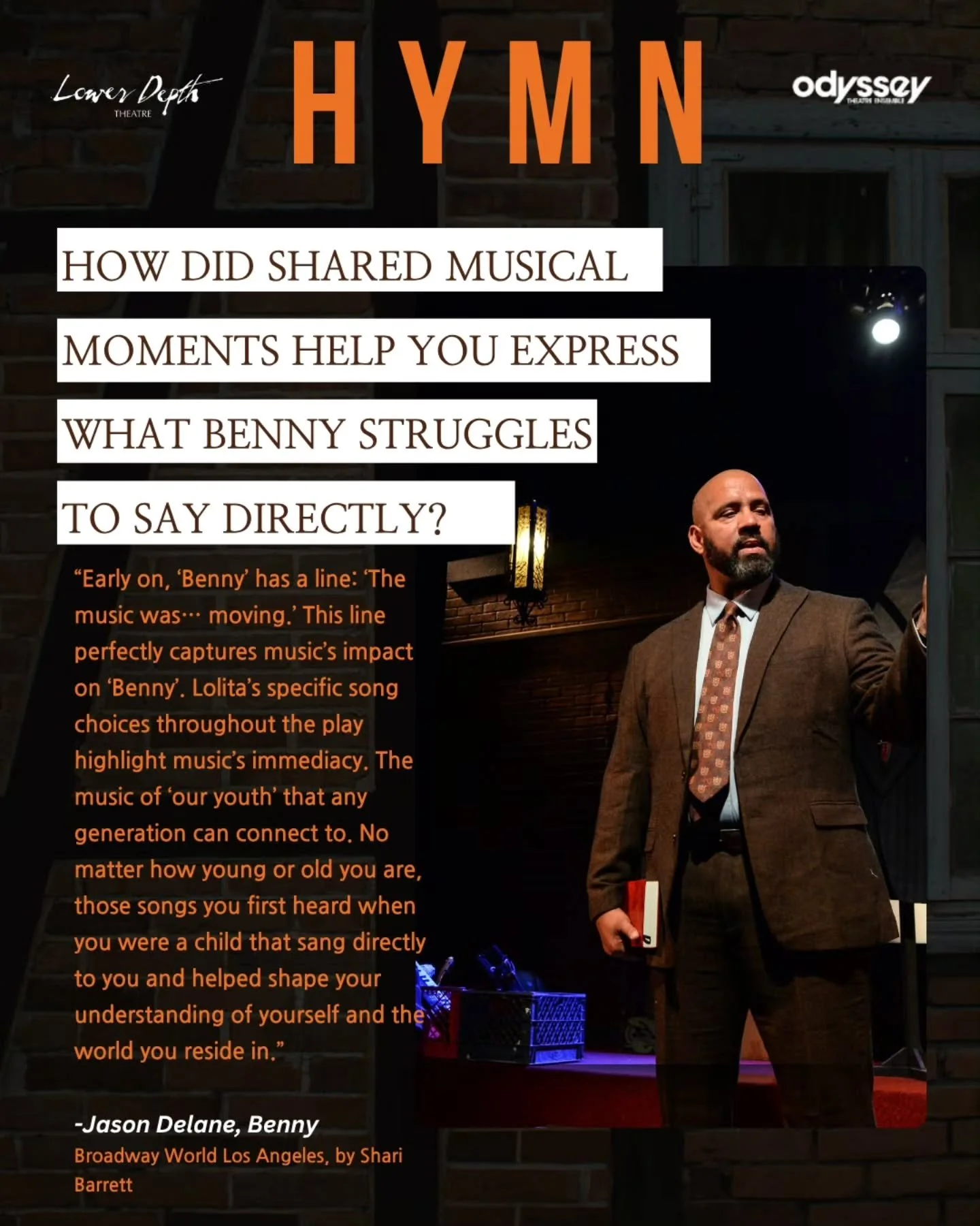 The music doesn&rsquo;t sit in the background.
It moves everything.

Jason Delane delivers a captivating, dynamic performance in Hymn, where rhythm, memory, and connection shape the story in real time.

HYMN
Two men. One unexpected meeting.
A bond th