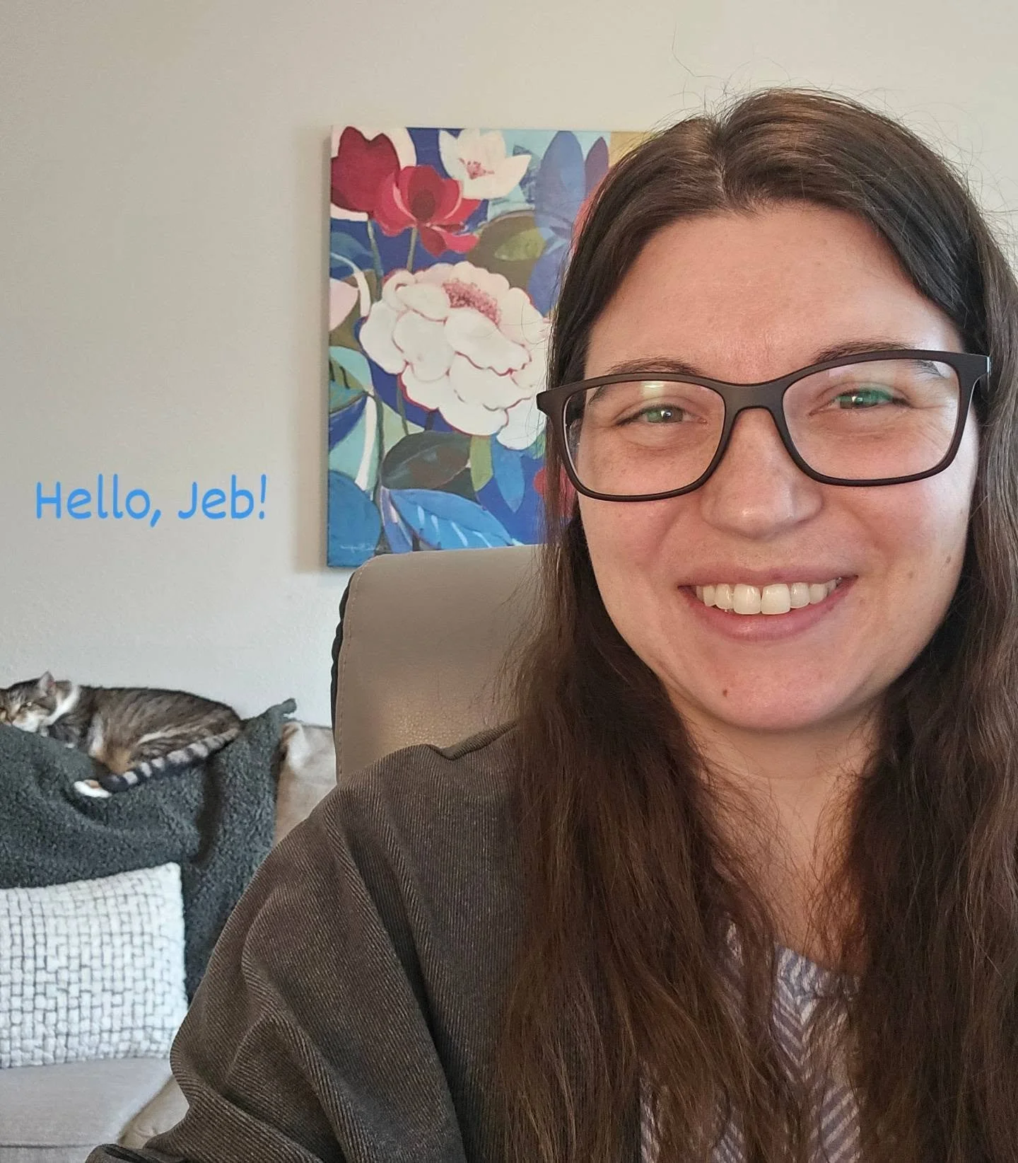 Say hello to Jeb! He gets my vote for best virtual therapy backdrop 😺

Until it's bath time...then we scoot the chair over 😅