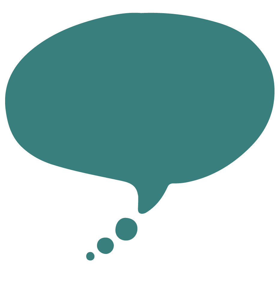 A teal speech bubble with three smaller bubbles leading up to a larger main bubble.